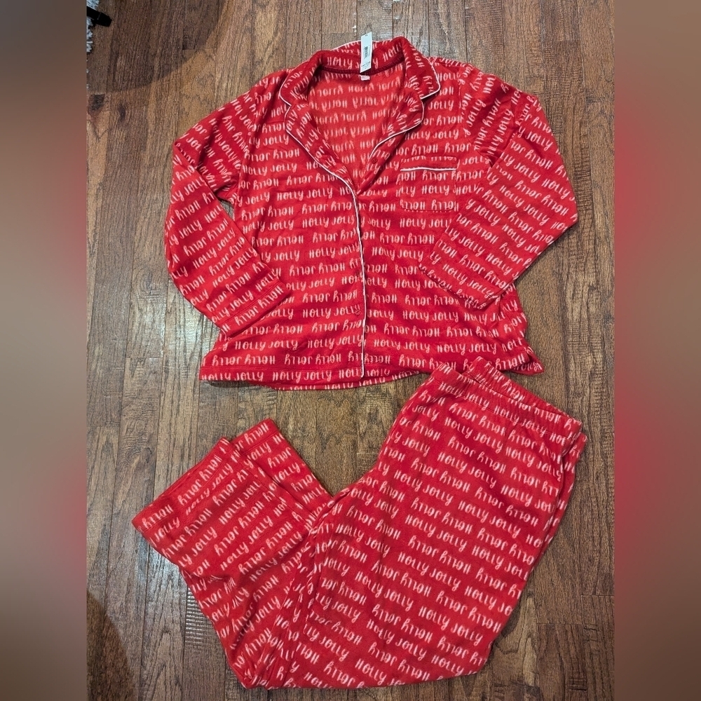 Joe Fresh Pyjama Set Woman's XXL- Fleece Red Christmas Holy Jolly Pyjamas NWT
